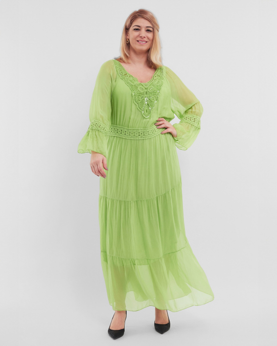 Rochie matase, verde crud, accesorizata cu detalii brodate si paiete [2]