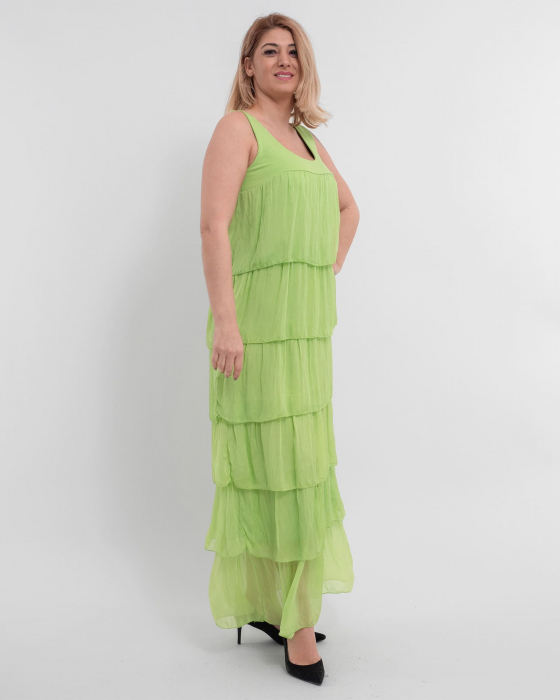 Rochie matase verde deschis, cu volane asimetrice [1]