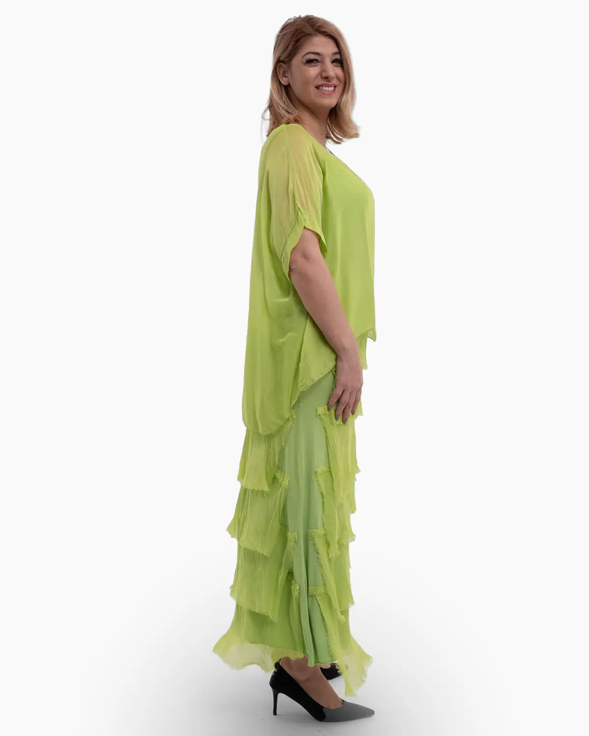 Rochie matase verde deschis cu volane si un overlay elegant [3]