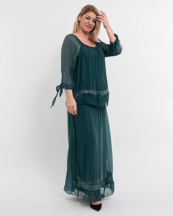 Rochie matase verde inchis din tesatura vaporosa si paiete discrete [3]