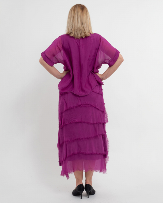 Rochie matase violet cu volane si un overlay elegant [2]