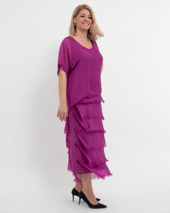 Rochie matase violet cu volane si un overlay elegant [3]