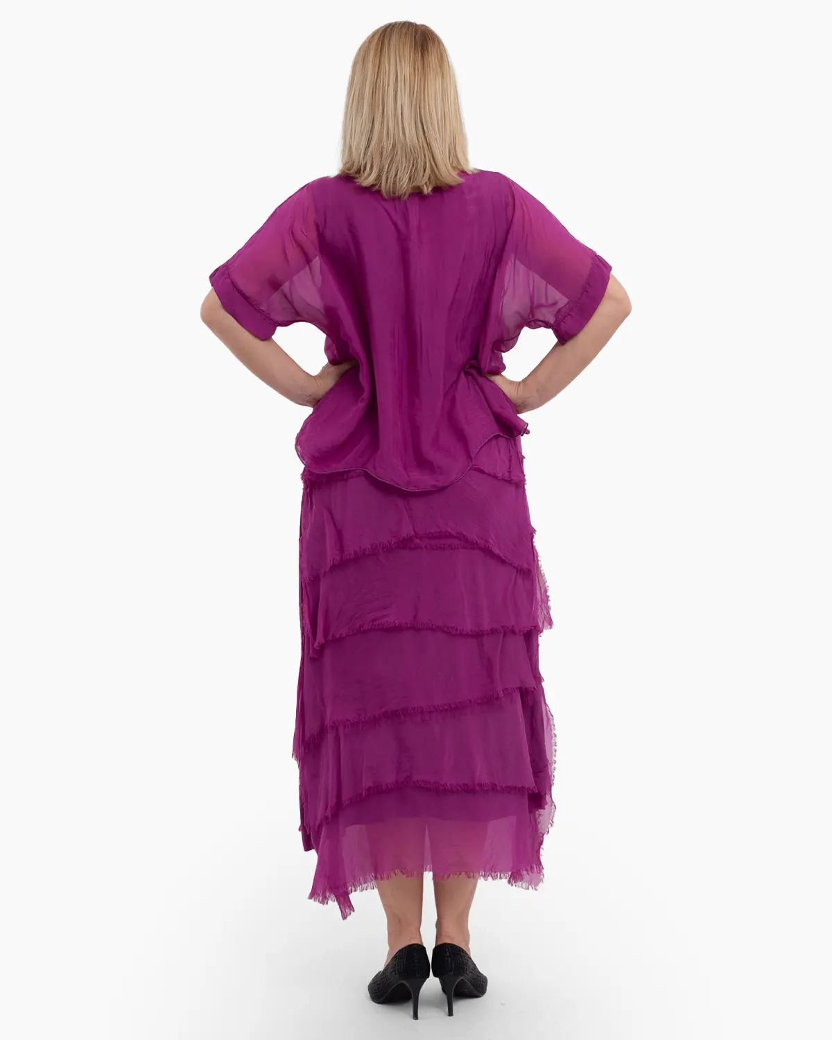 Rochie matase violet cu volane si un overlay elegant [2]