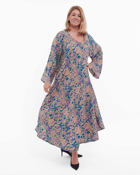 Rochie maxi albastră de mătase florală stil boho [3]