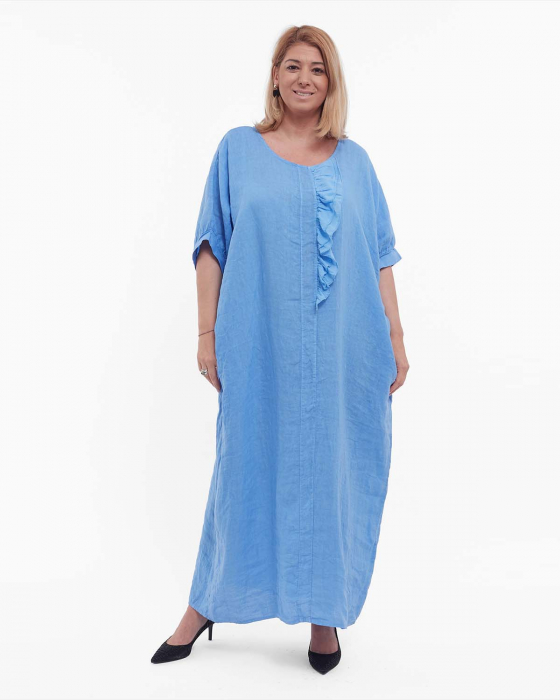 Rochie maxi bleu minimalistă din in cu volan [1]