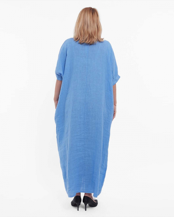 Rochie maxi bleu minimalistă din in cu volan [2]