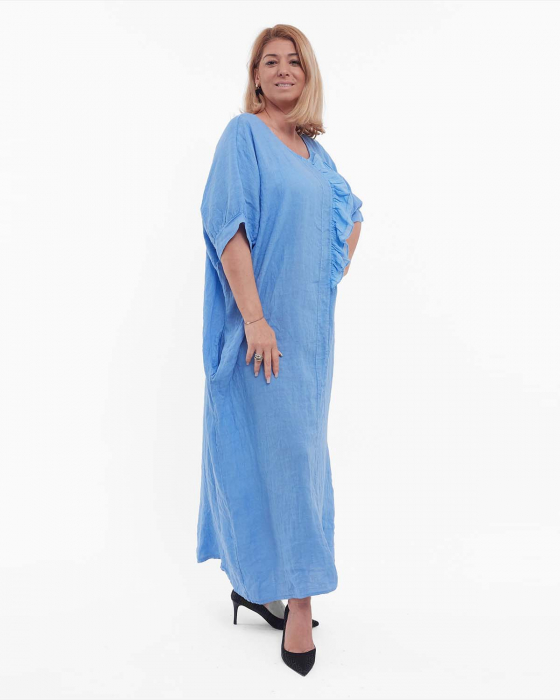 Rochie maxi bleu minimalistă din in cu volan [3]