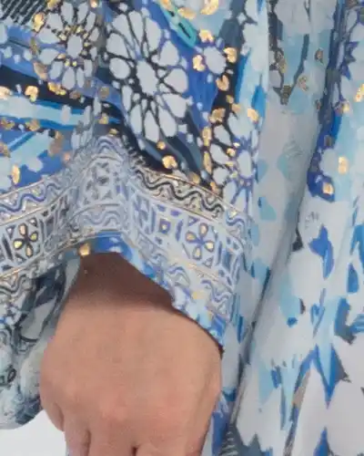Rochie maxi boho albastră din mătase cu imprimeu arabesque [3]