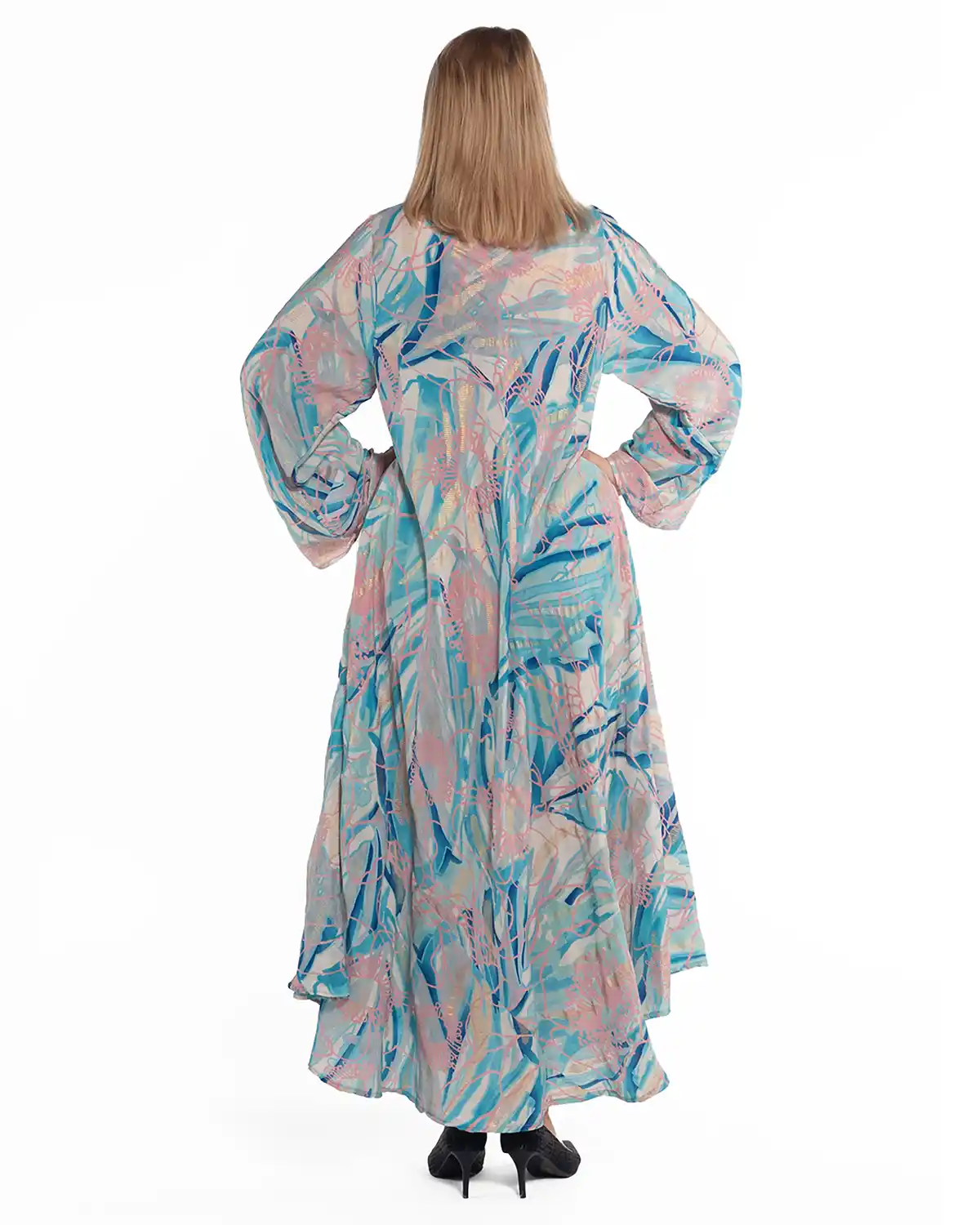 Rochie maxi boho din mătase bleu cu imprimeu arabesque [2]
