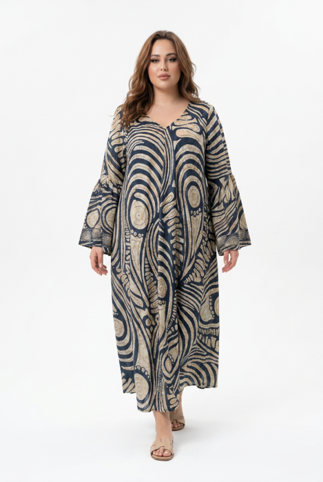 Rochie maxi boho din mătase bleu cu imprimeu arabesque [2]