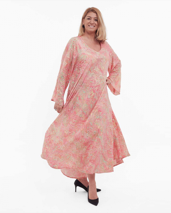 Rochie maxi boho roz piersică fluidă din mătase florală [3]
