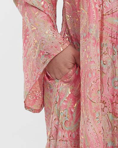 Rochie maxi boho roz piersică fluidă din mătase florală [4]