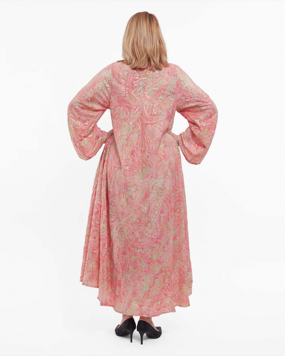 Rochie maxi boho roz piersică fluidă din mătase florală [2]