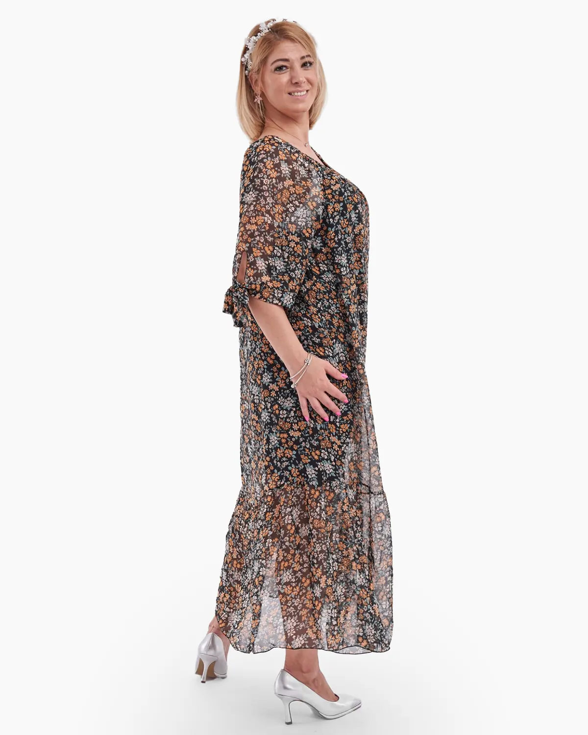 Rochie maxi casual cu imprimeu floral orange si alb [2]