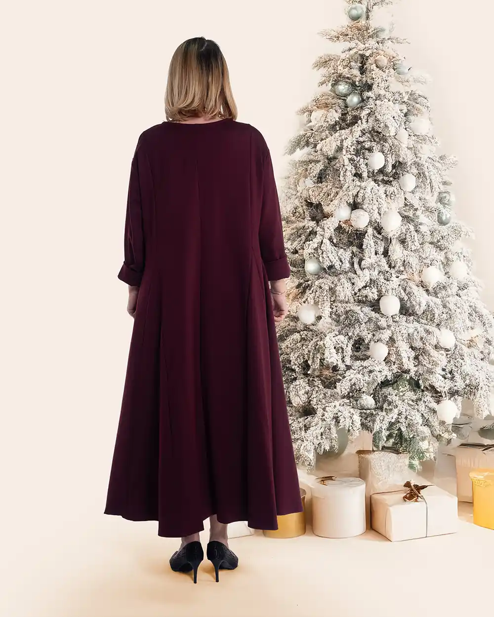 Rochie maxi casual oversize vișiniu din vâscoză mâneci lungi [2]