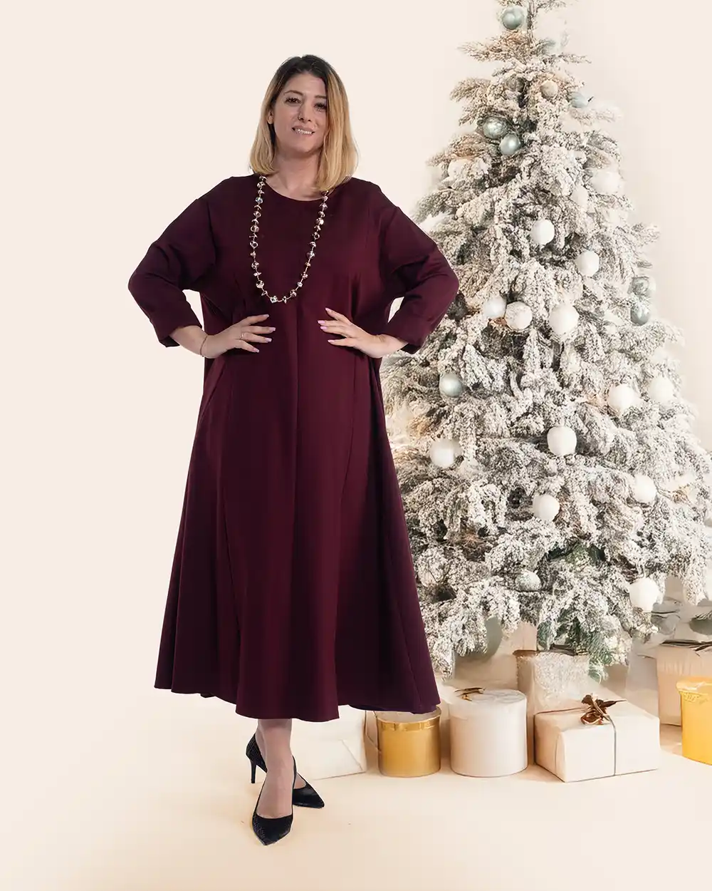 Rochie maxi casual oversize vișiniu din vâscoză mâneci lungi [3]