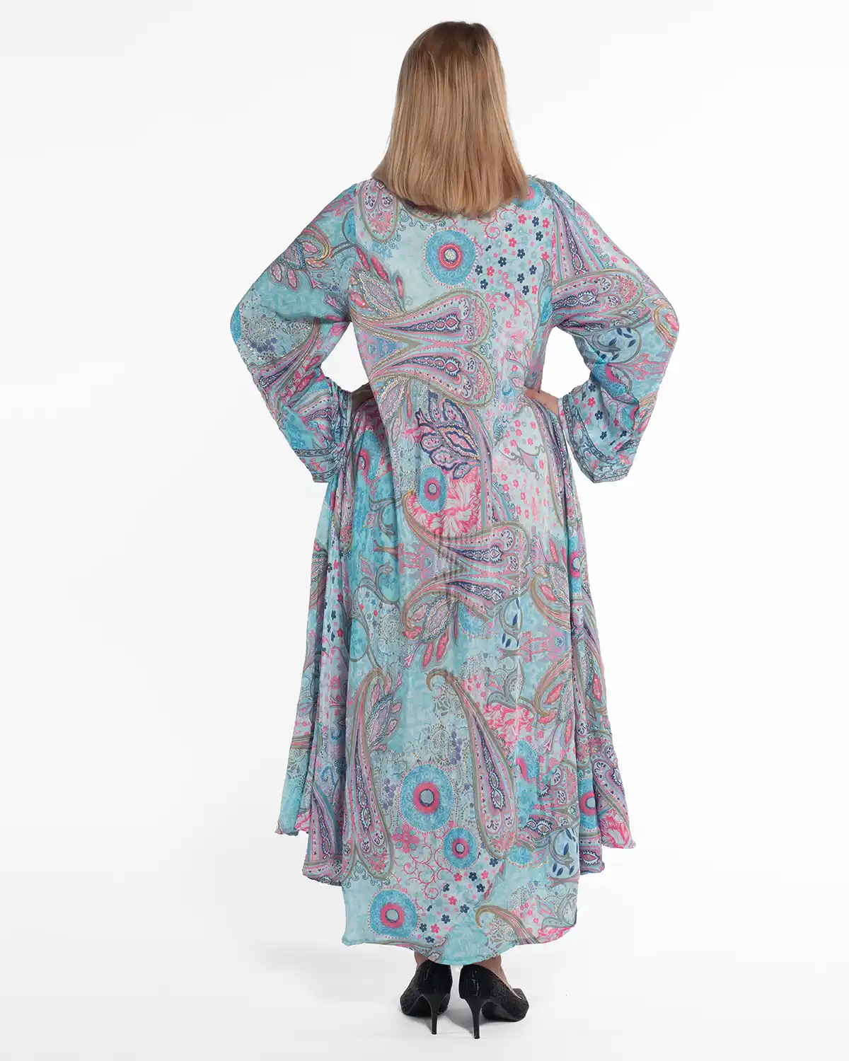 Rochie maxi din mătase bleu cu imprimeu arabesque stil boho [2]