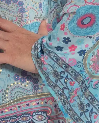 Rochie maxi din mătase bleu cu imprimeu arabesque stil boho [4]