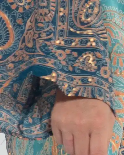 Rochie maxi din mătase turcoaz cu imprimeu arabesque boho [4]