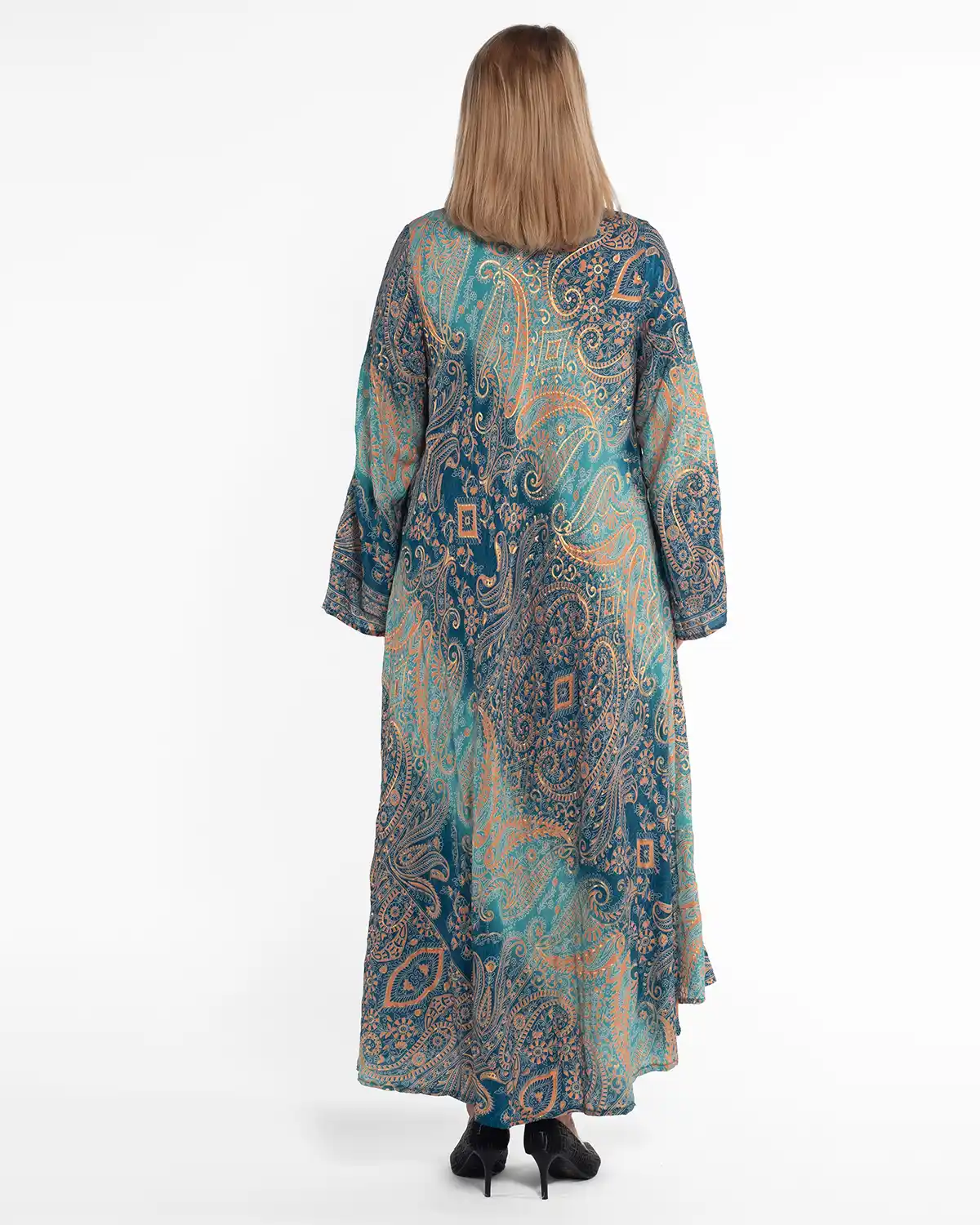 Rochie maxi din mătase turcoaz cu imprimeu arabesque boho [2]