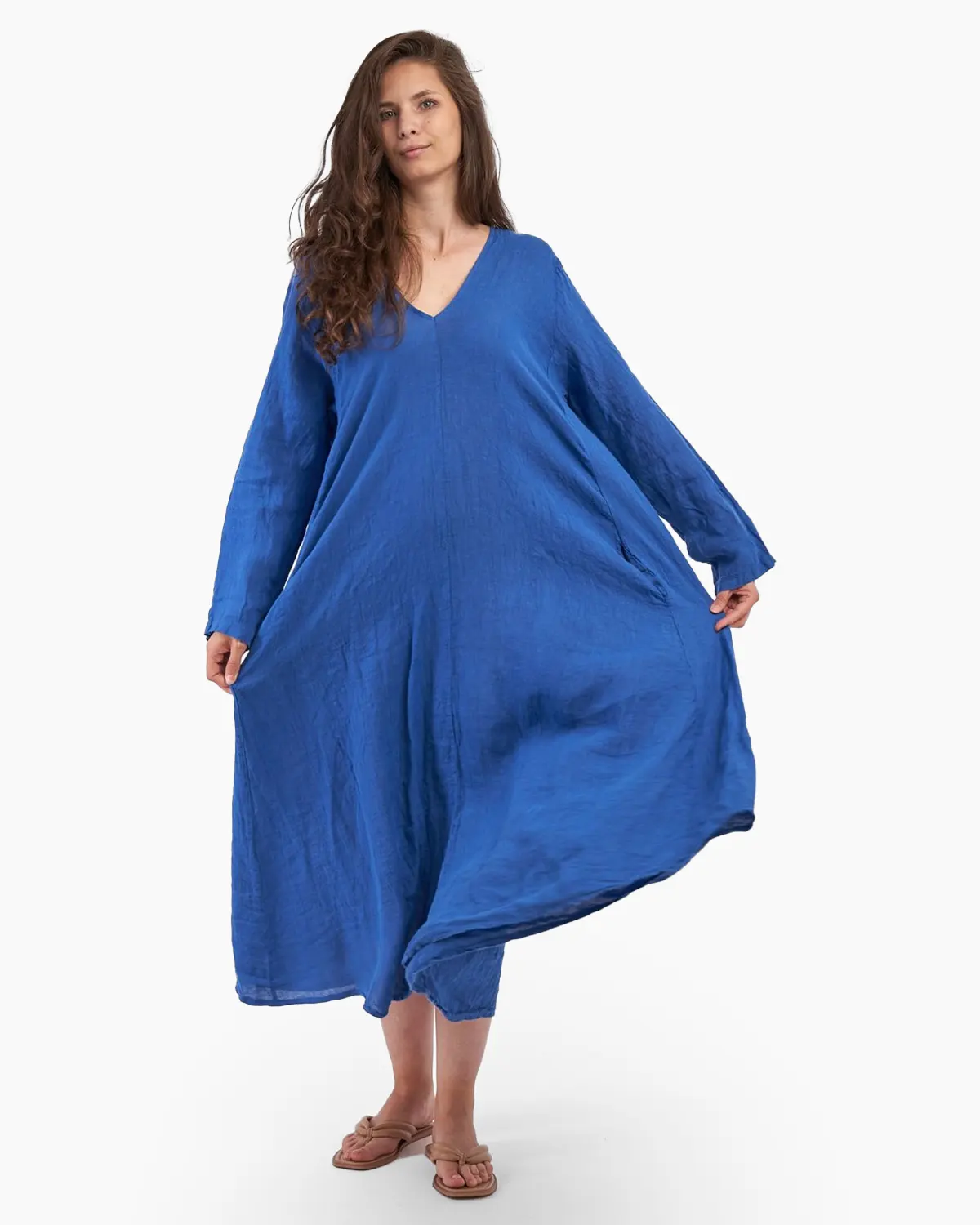 Rochie maxi in forma de A, cu decolteu in V, din in, albastra [2]