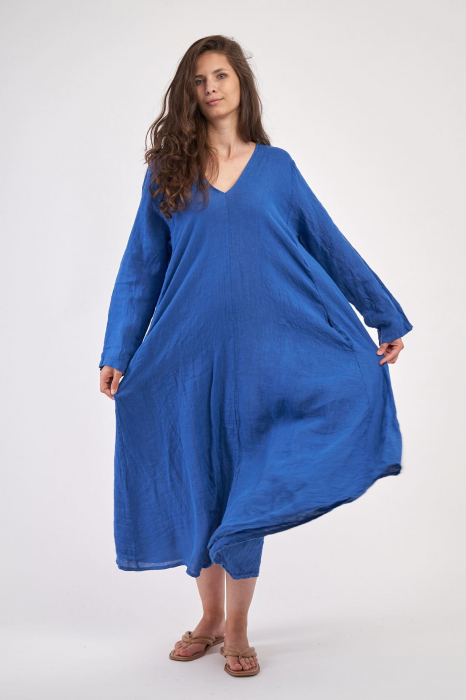 Rochie maxi in forma de A, cu decolteu in V, din in, albastra [2]
