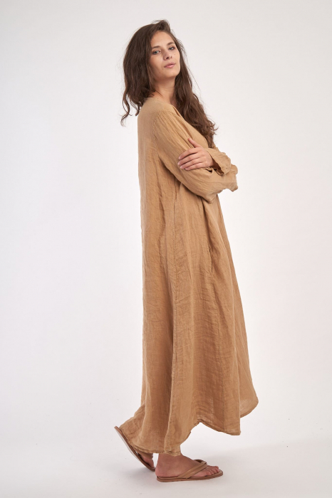 Rochie maxi in forma de A, cu decolteu in V, din in, bej inchis [2]