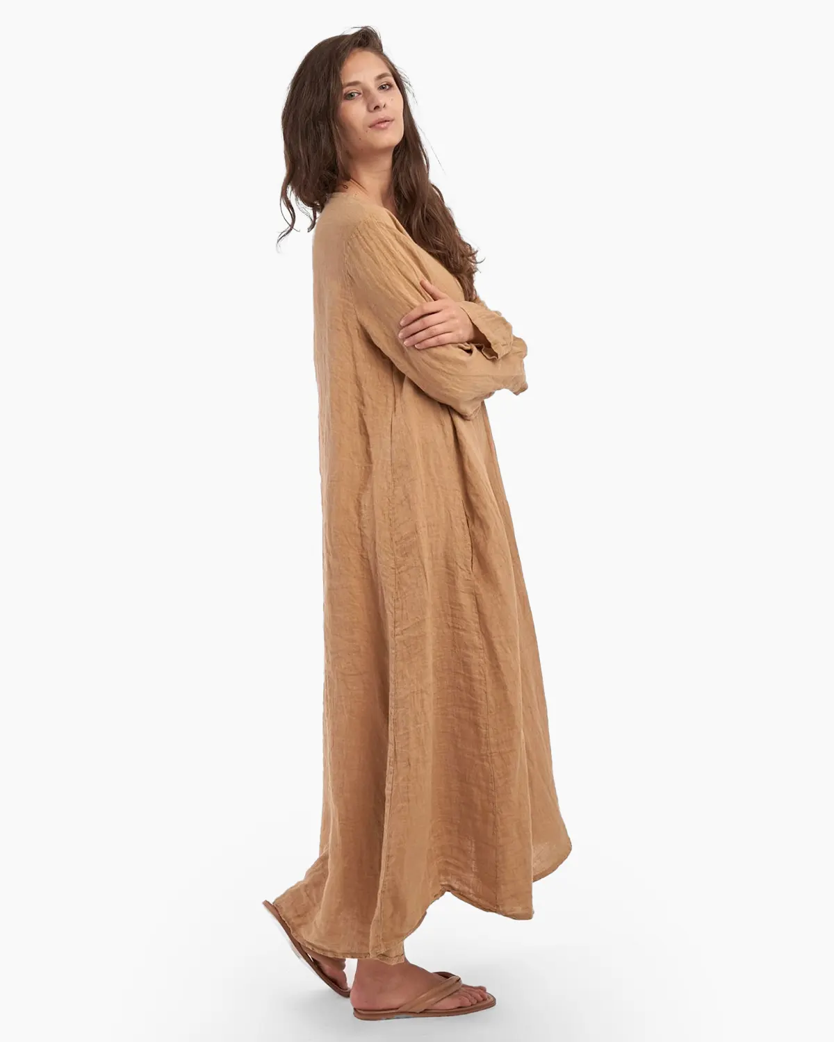Rochie maxi in forma de A, cu decolteu in V, din in, bej inchis [2]
