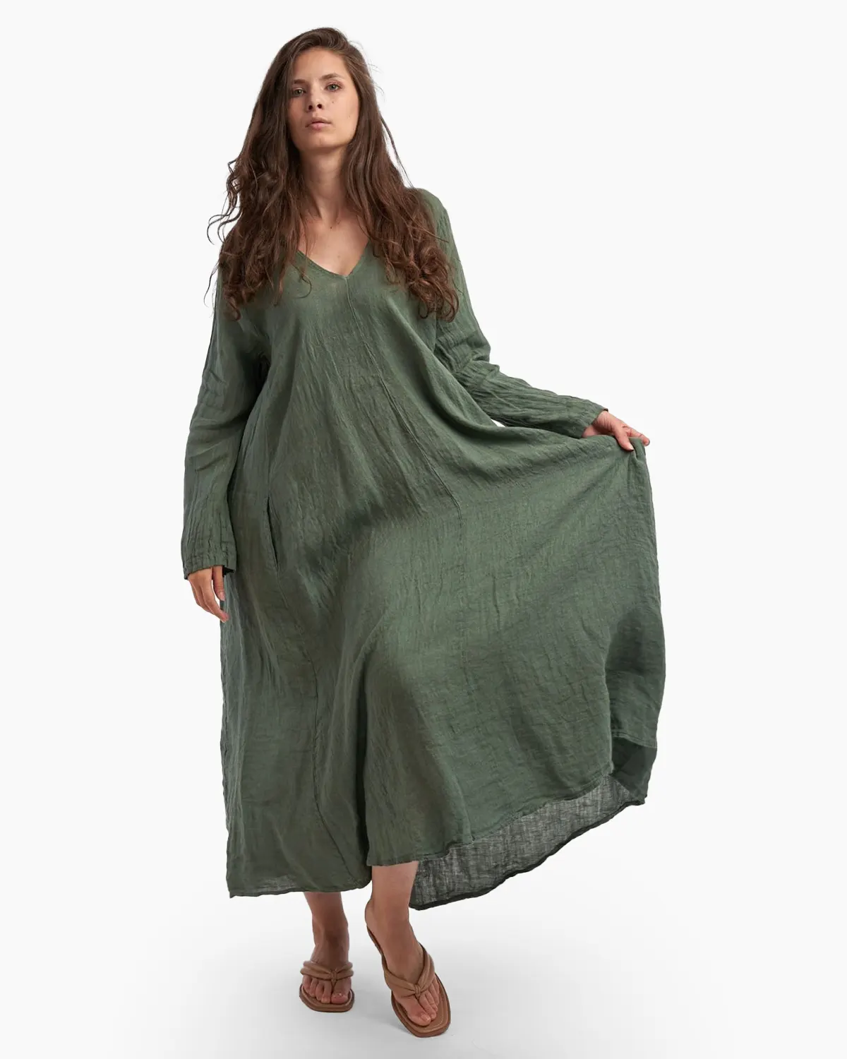 Rochie maxi in forma de A, cu decolteu in V, din in, kaki [2]