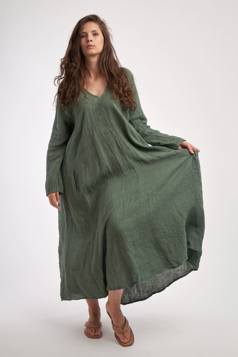 Rochie maxi in forma de A, cu decolteu in V, din in, kaki [2]