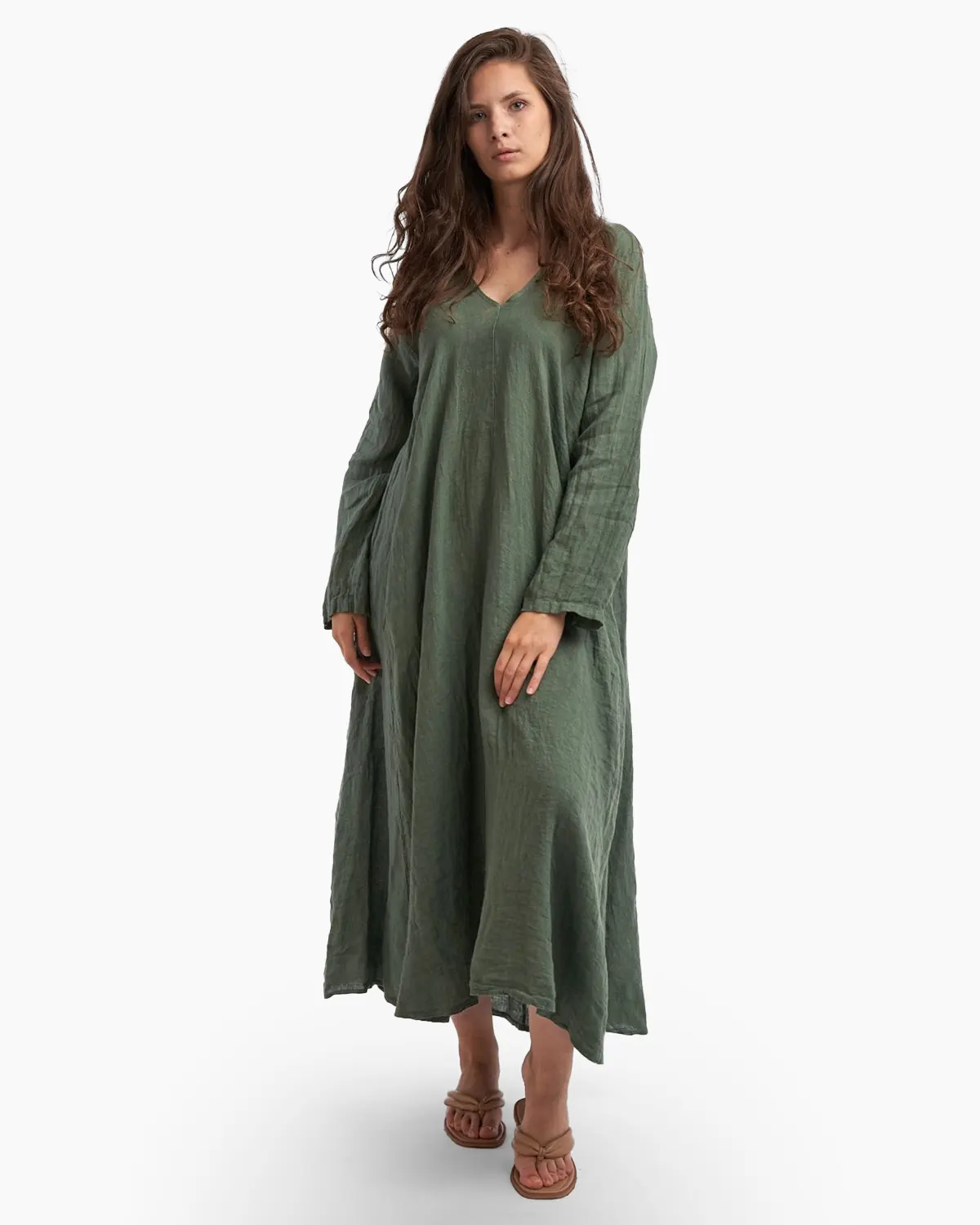 Rochie maxi in forma de A, cu decolteu in V, din in, kaki [1]