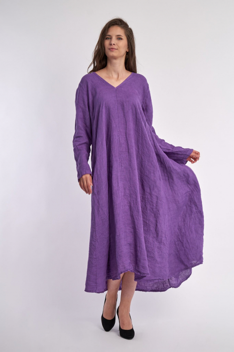 Rochie maxi in forma de A, cu decolteu in V, din in, mov [2]