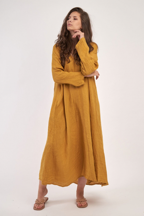 Rochie maxi in forma de A, cu decolteu in V, din in, mustar [2]