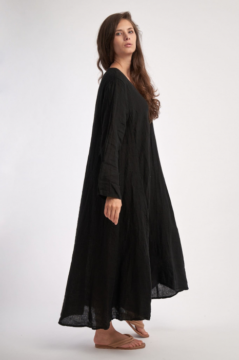 Rochie maxi in forma de A, cu decolteu in V, din in, neagra [2]