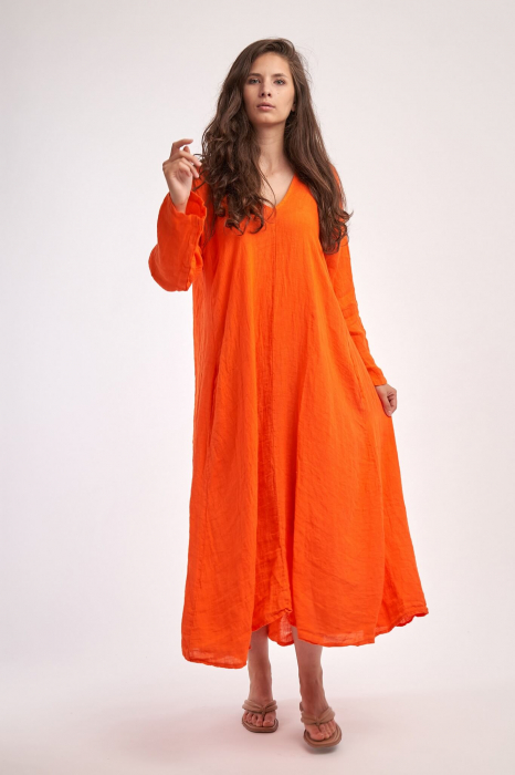Rochie maxi in forma de A, cu decolteu in V, din in, portocalie [2]