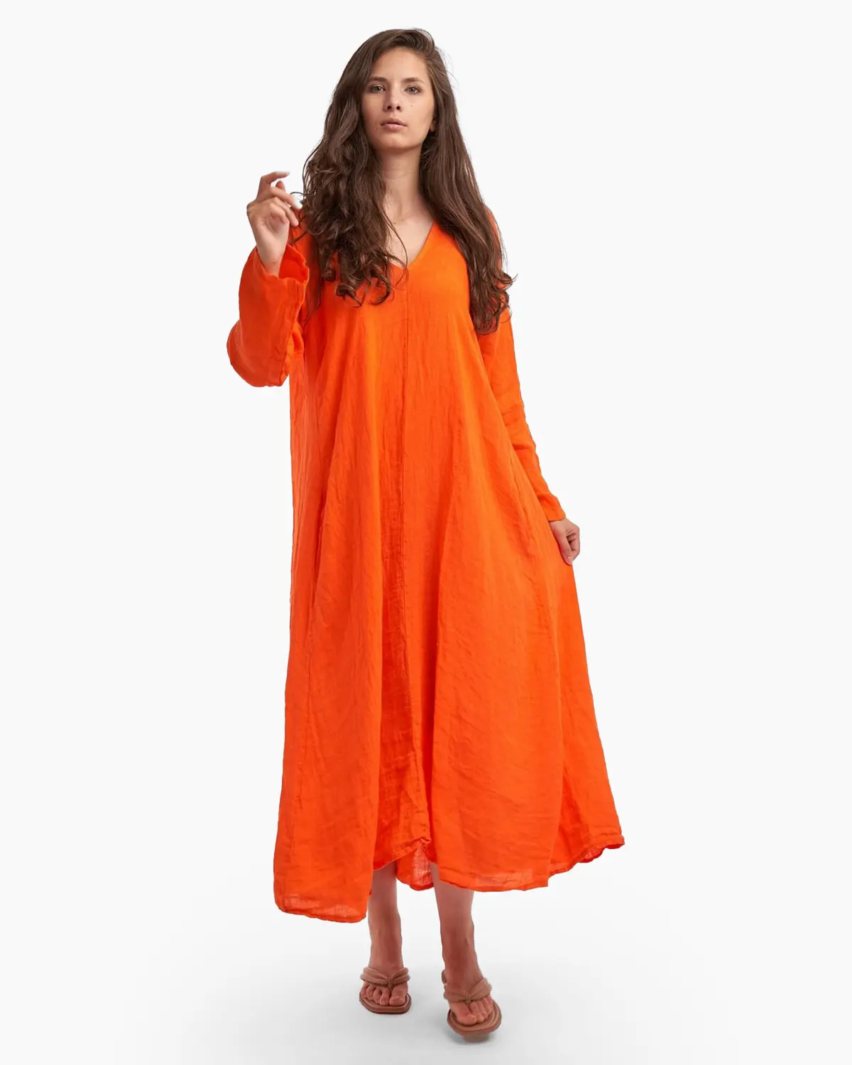 Rochie maxi in forma de A, cu decolteu in V, din in, portocalie [2]