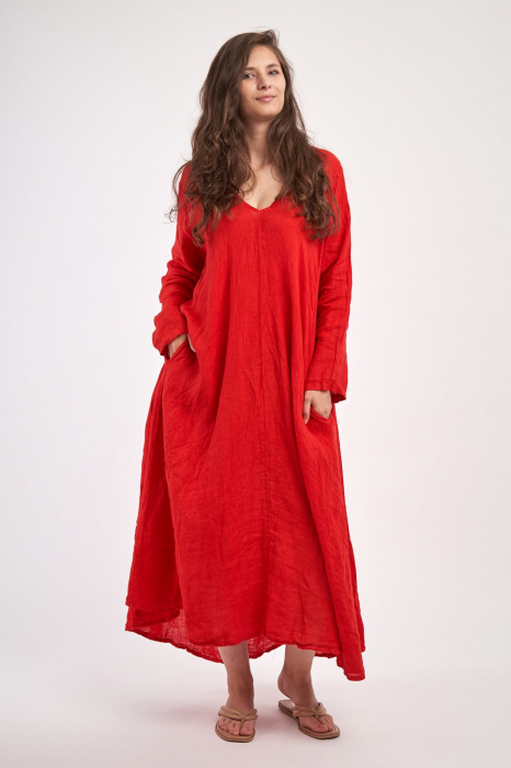 Rochie maxi in forma de A, cu decolteu in V, din in, rosie [2]