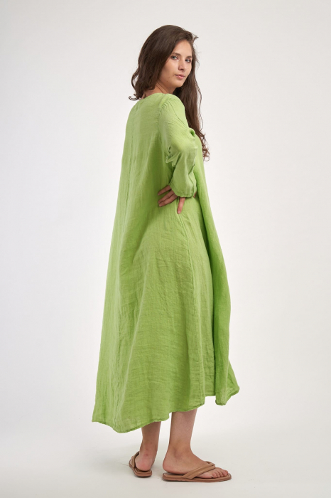 Rochie maxi in forma de A, cu decolteu in V, din in, verde lime [2]