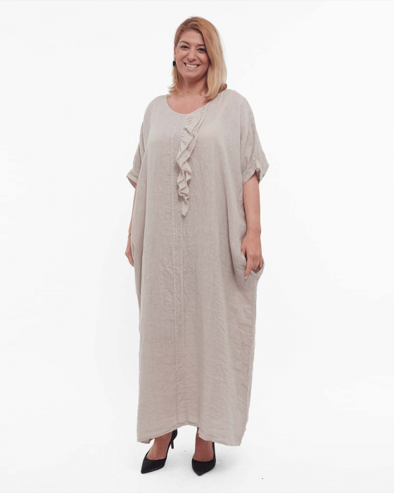 Rochie maxi minimalistă bej-fango din in cu volan și mâneci dolman [1]