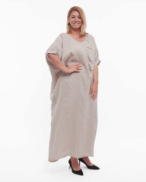 Rochie maxi minimalistă bej-fango din in cu volan și mâneci dolman [3]