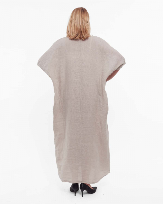 Rochie maxi minimalistă bej-fango din in cu volan și mâneci dolman [2]