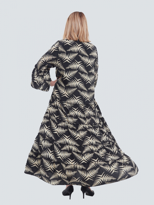 Rochie maxi neagră elegantă din mătase cu imprimeu floral, volane și maneci bufante [2]