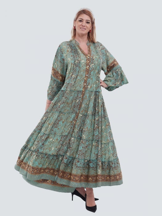 Rochie maxi vernil elegantă din mătase cu imprimeu floral, volane și maneci bufante [4]