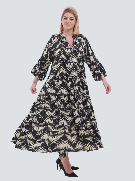 Rochie maxi neagră elegantă din mătase cu imprimeu floral, volane și maneci bufante [3]