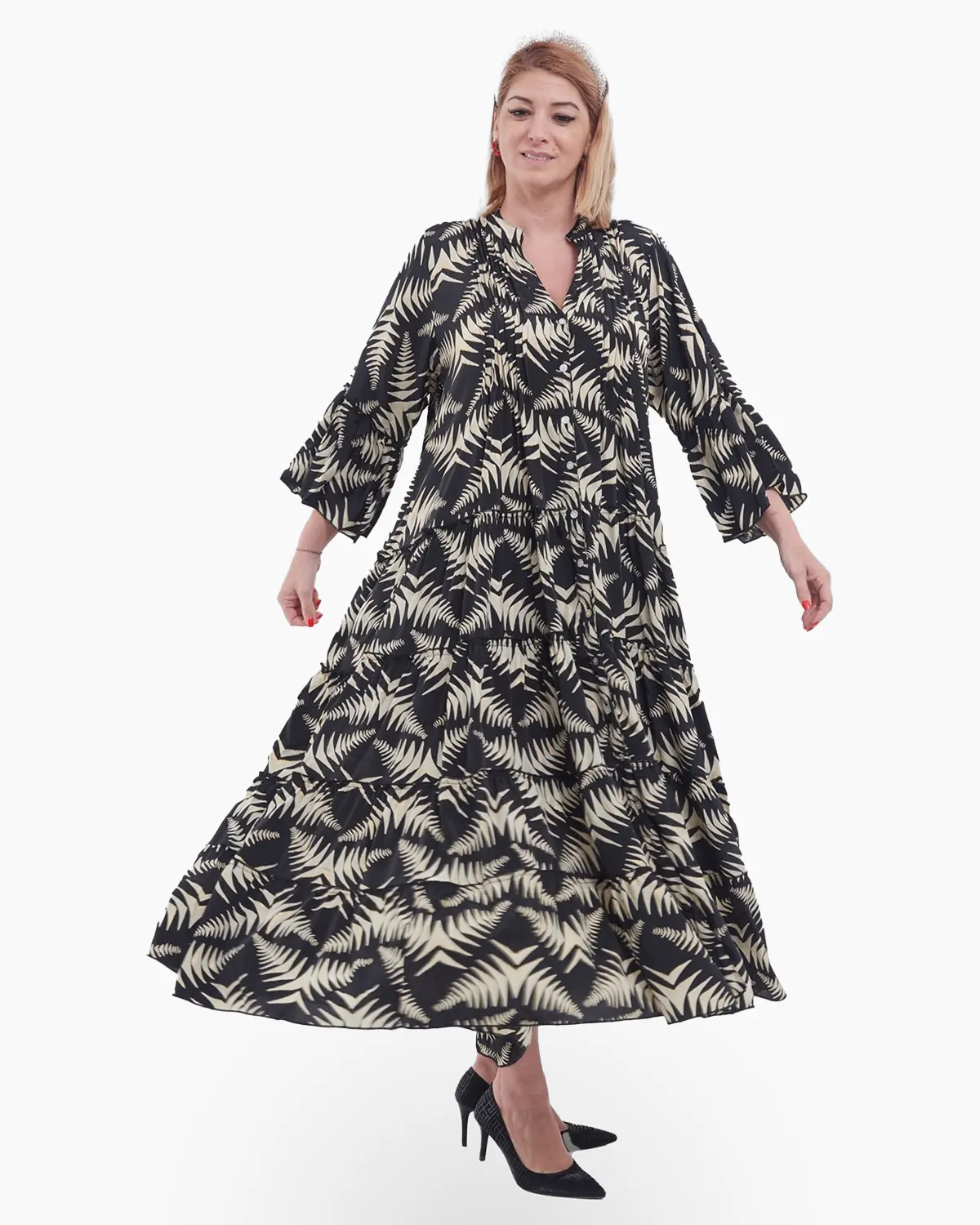 Rochie maxi neagră elegantă din mătase cu imprimeu floral, volane și maneci bufante [3]