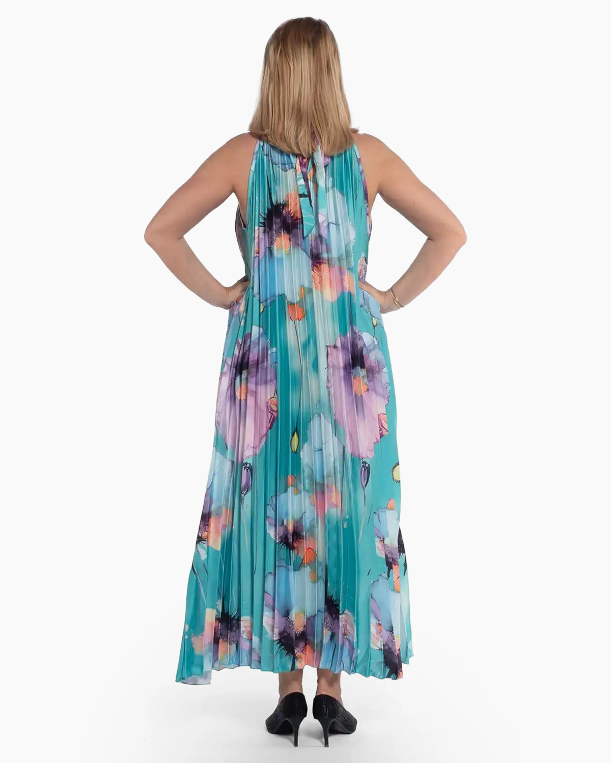 Rochie maxi plisată într-o nuanță de turcoaz cu imprimeu floral [2]
