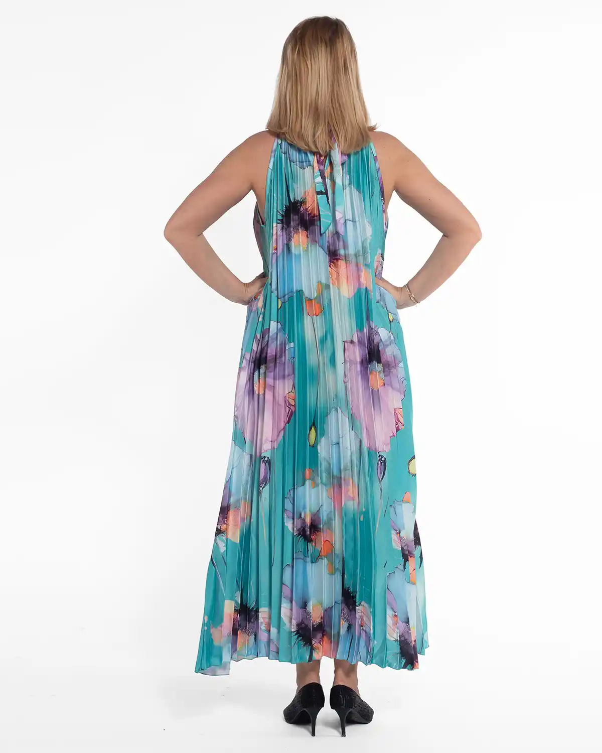 Rochie maxi plisată într-o nuanță de turcoaz cu imprimeu floral [2]
