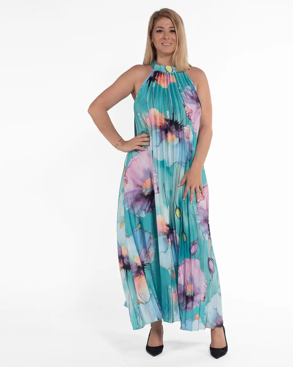 Rochie maxi plisată într-o nuanță de turcoaz cu imprimeu floral [1]
