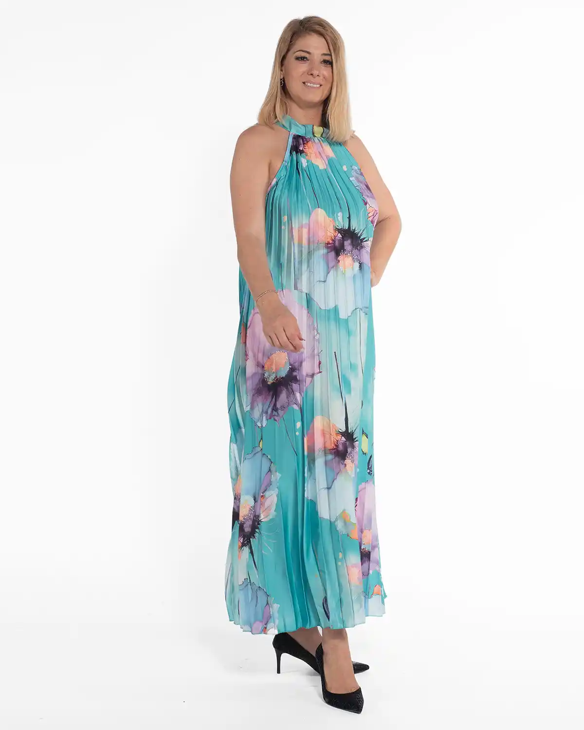 Rochie maxi plisată într-o nuanță de turcoaz cu imprimeu floral [4]