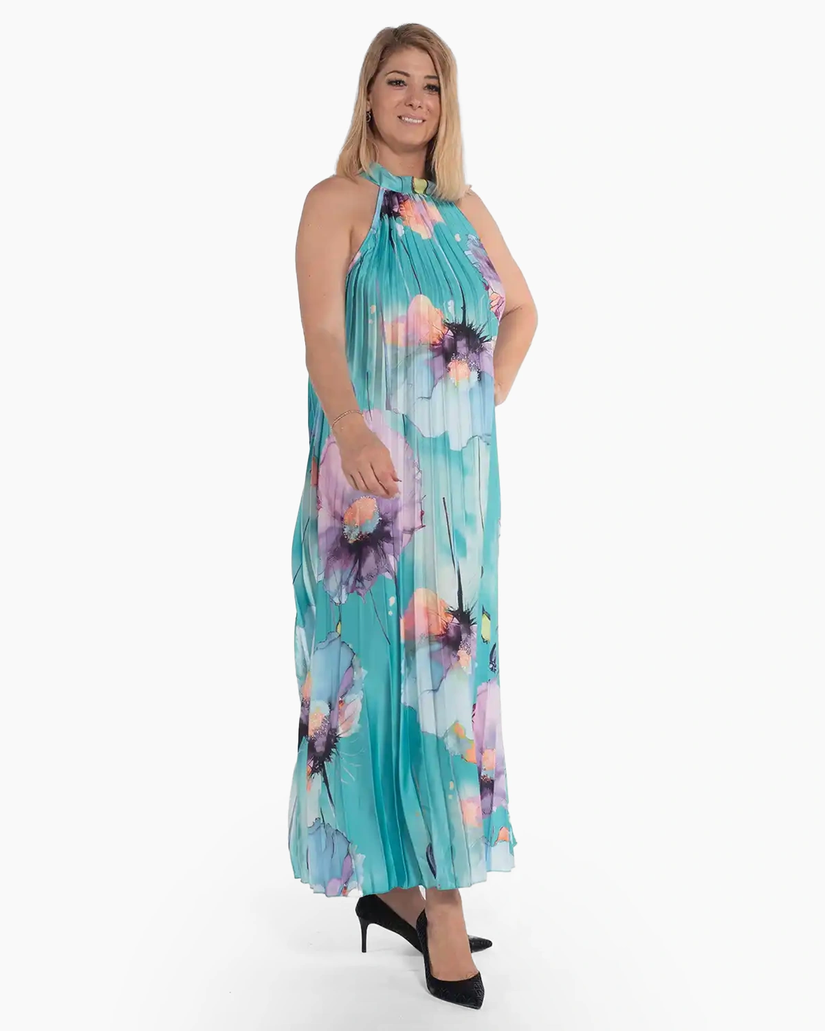 Rochie maxi plisată într-o nuanță de turcoaz cu imprimeu floral [4]